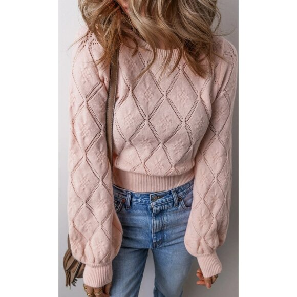 Gossamer Pink Openwork Plaid Puff Sleeve Cropped Sweater - Picture 3 of 3